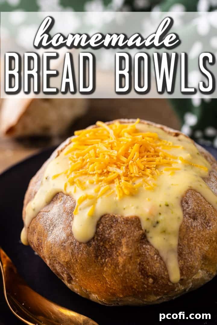 Close-up image of a bread bowl filled with soup, with a text overlay above that reads "Homemade Bread Bowls."