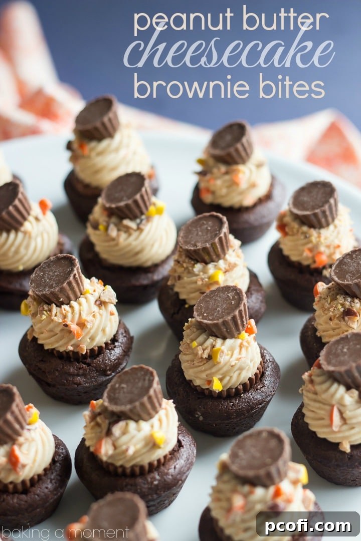 Close-up of a stack of Reese's Peanut Butter Cheesecake Brownie Bites