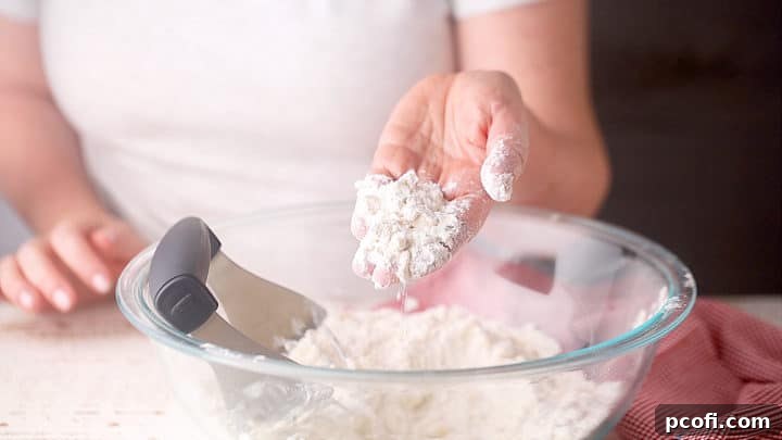 Close-up of pea-sized butter pieces mixed with flour, ideal for a light and flaky pastry.
