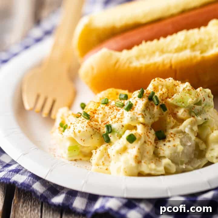A scoop of creamy potato salad on a paper plate with a hot dog in the background, perfect for a summer barbecue.