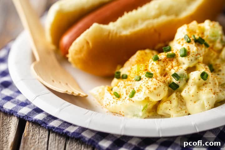 Potato salad on a plate with a blue checked napkin and a disposable fork, ready to be enjoyed.