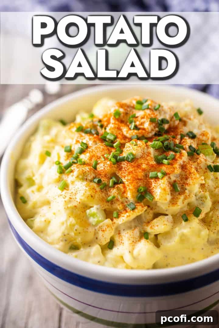 Close up image of a bowl of potato salad with a text banner above that reads "Potato Salad."