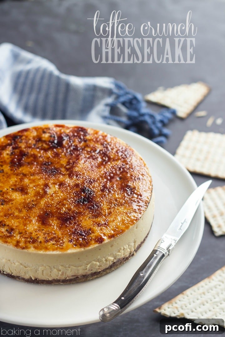 The crispy, buttery matzoh toffee crunch crust sets this cheesecake apart, offering an unparalleled texture and flavor that complements the creamy filling perfectly. A truly irresistible treat.