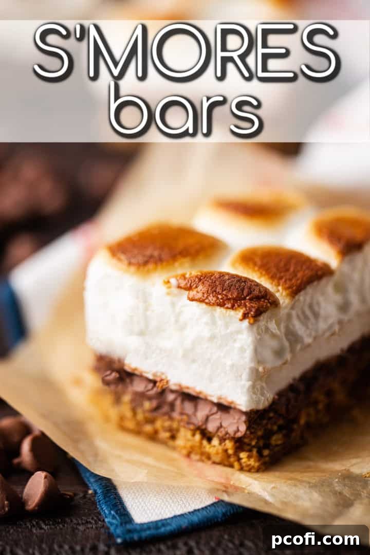 Close-up image of a perfectly layered s'mores bar with a text overlay that reads 