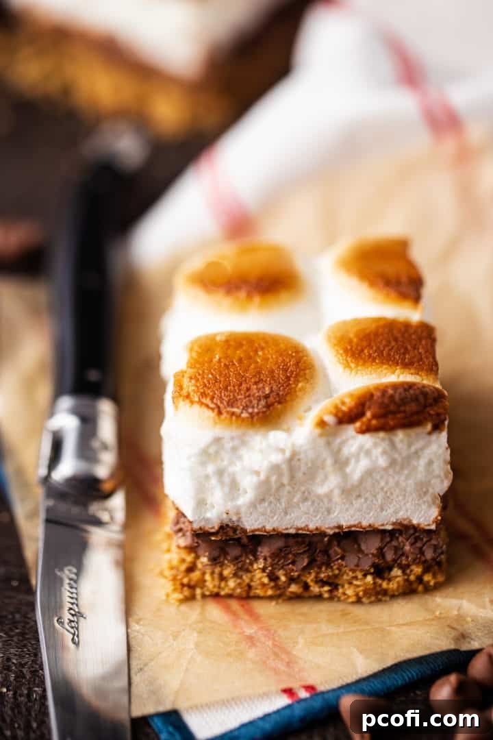 A sliced s'mores bar with a knife, showing the defined layers and gooey texture.