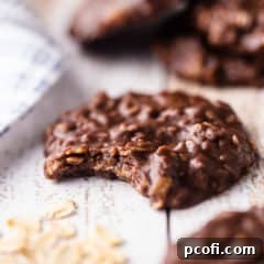 Delicious no-bake chocolate peanut butter oatmeal cookie with a bite taken out, showing its fudgy texture.