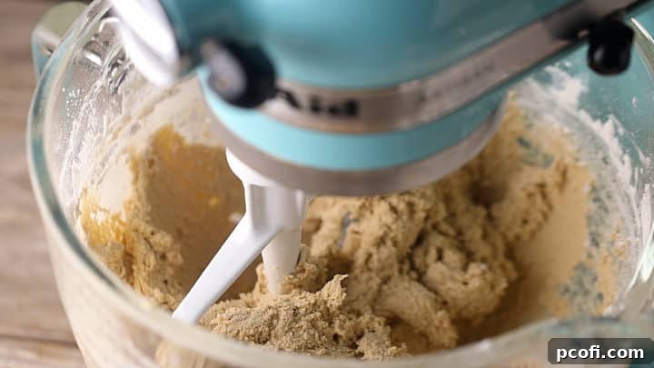 Brown sugar cookie dough in a stand mixer.