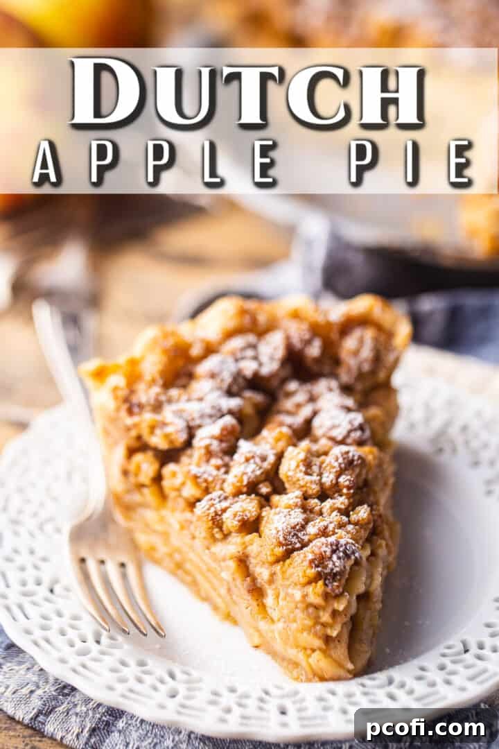 Slice of pie garnished with powdered sugar, with a text banner above that reads "Dutch Apple Pie," highlighting its delicious appeal.