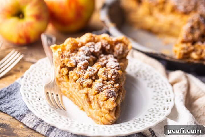 Dutch apple pie presented with fresh apples in the background, a beautiful autumn scene.