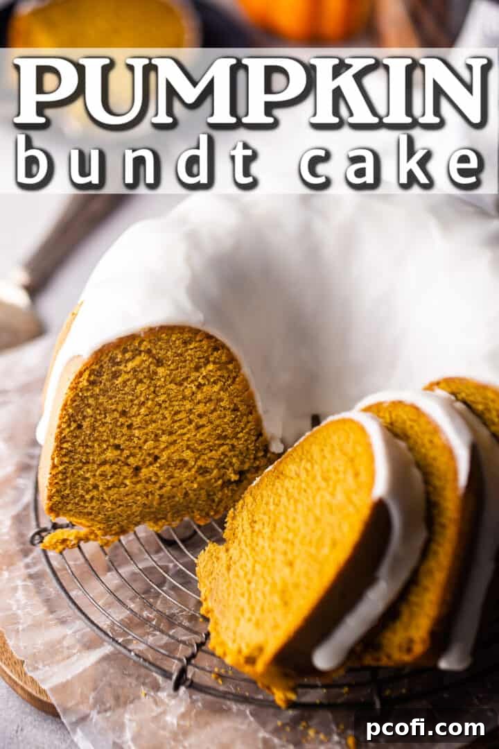 Gorgeous glazed cake partially sliced, with a text banner that reads "Pumpkin Bundt Cake."