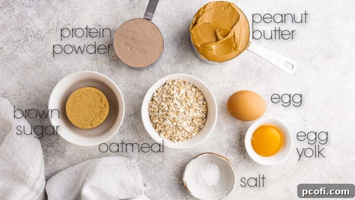 Ingredients for making protein cookies, measured into small bowls.