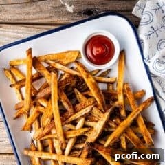 Baked oven fries sprinkled with salt and served on a tray with ketchup.