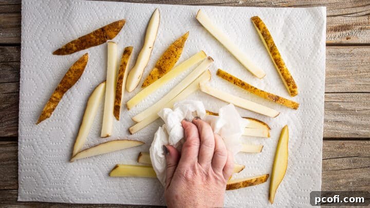 Drained potato fries being carefully blotted dry with clean kitchen towels on a wooden surface.
