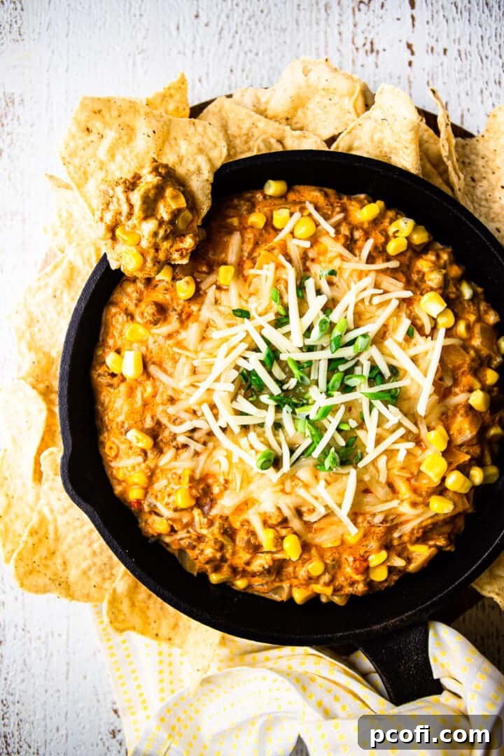 An overhead shot of the irresistible Mexican corn dip bubbling in a cast iron skillet, surrounded by an array of crunchy corn chips, garnished with fresh cilantro and ready for dipping.