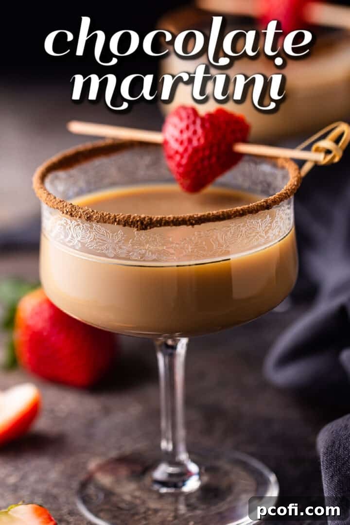 Chocolate martini recipe, prepared and served in a coupe glass.
