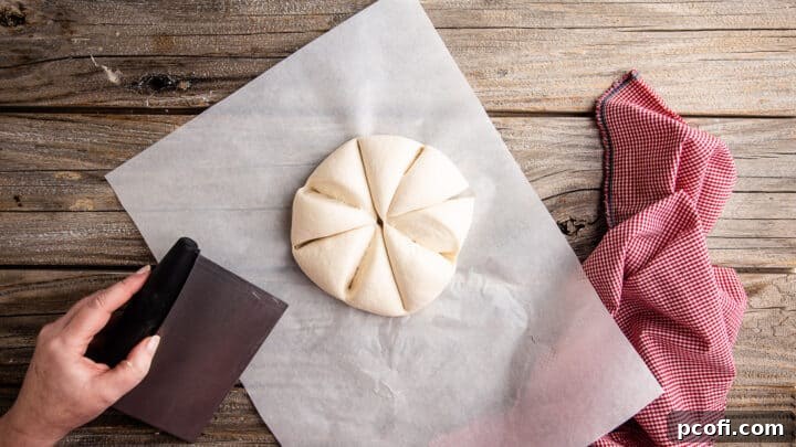 Dividing dough into equal portions for garlic knots.