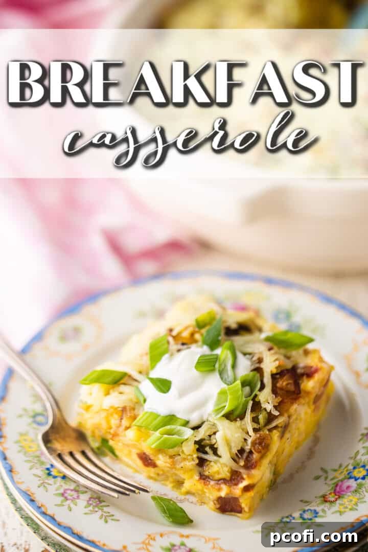 Breakfast casserole recipe, prepared and served with a text overlay that reads "Breakfast Casserole."