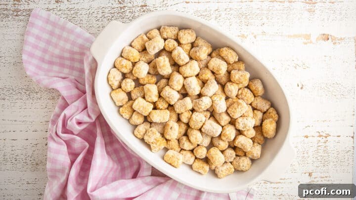 Frozen tater tots in a casserole dish.