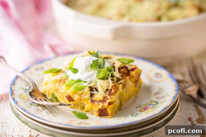 East breakfast casserole with potatoes, eggs, cheese, and bacon.