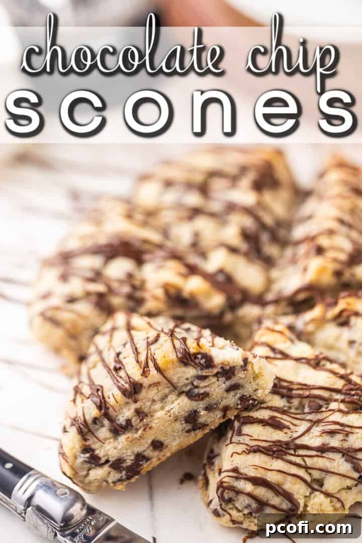 Overhead shot of freshly baked chocolate chip scones on a white background, with text overlay 'Chocolate Chip Scones.'