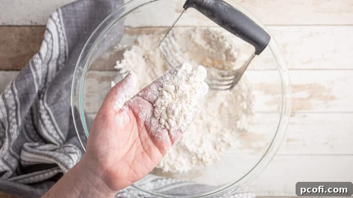 Close-up of butter cut into dry scone ingredients, showing a coarse meal texture.