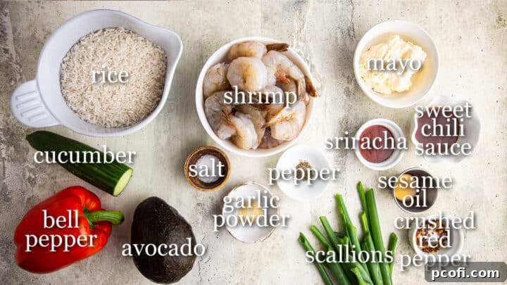 Bang bang shrimp bowls ingredients with text labels.
