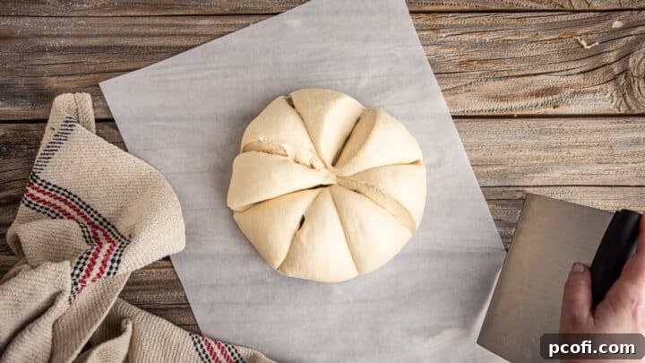 Pretzel bun dough divided into 8 equal portions, ready for shaping.
