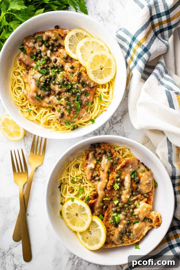 Two white bowls of lemon chicken piccata, garnished with fresh parsley, on a white marble surface.