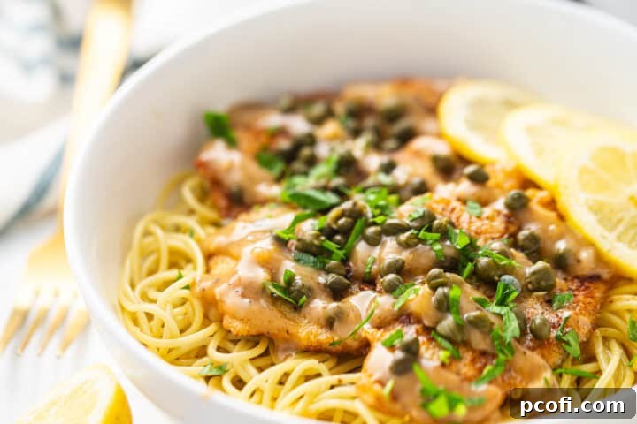The best chicken piccata recipe, garnished with fresh parsley and lemon wedges.