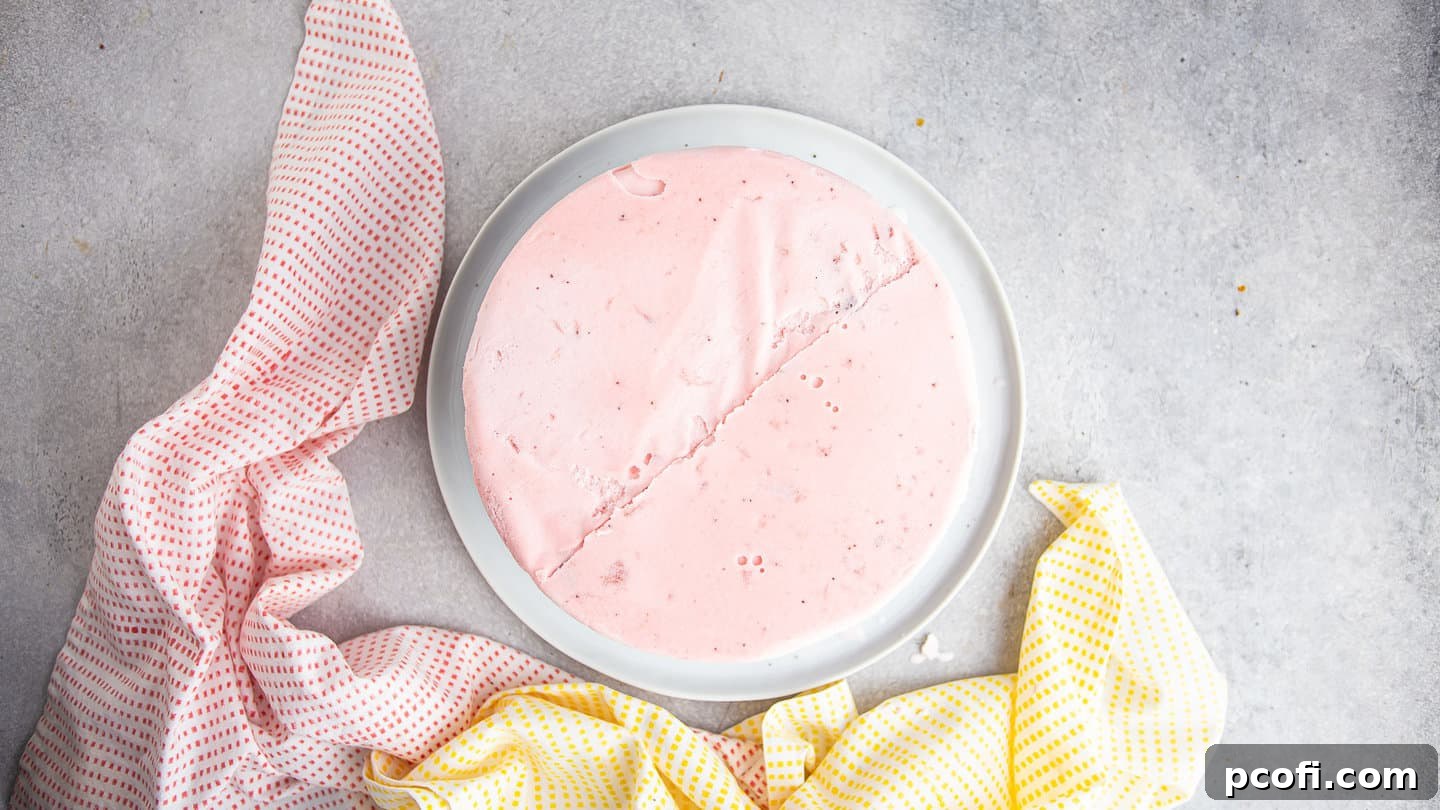 Placing the ice cream layer on top of a homemade ice cream cake.