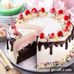 Homemade ice cream cake with layers of cake, fudge, cookies, ice cream, and whipped cream.