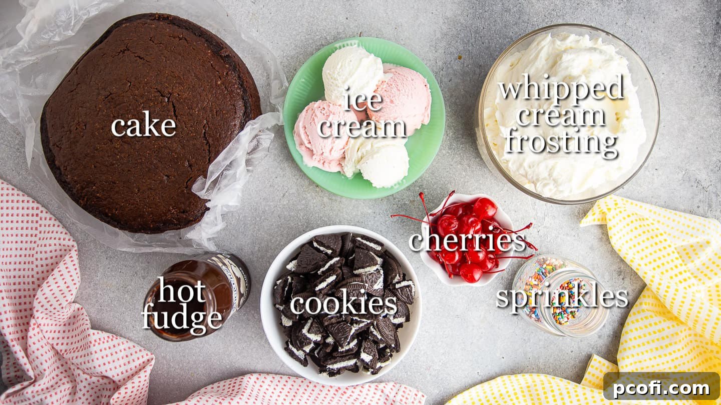 Ingredients for making ice cream cake, with text labels.