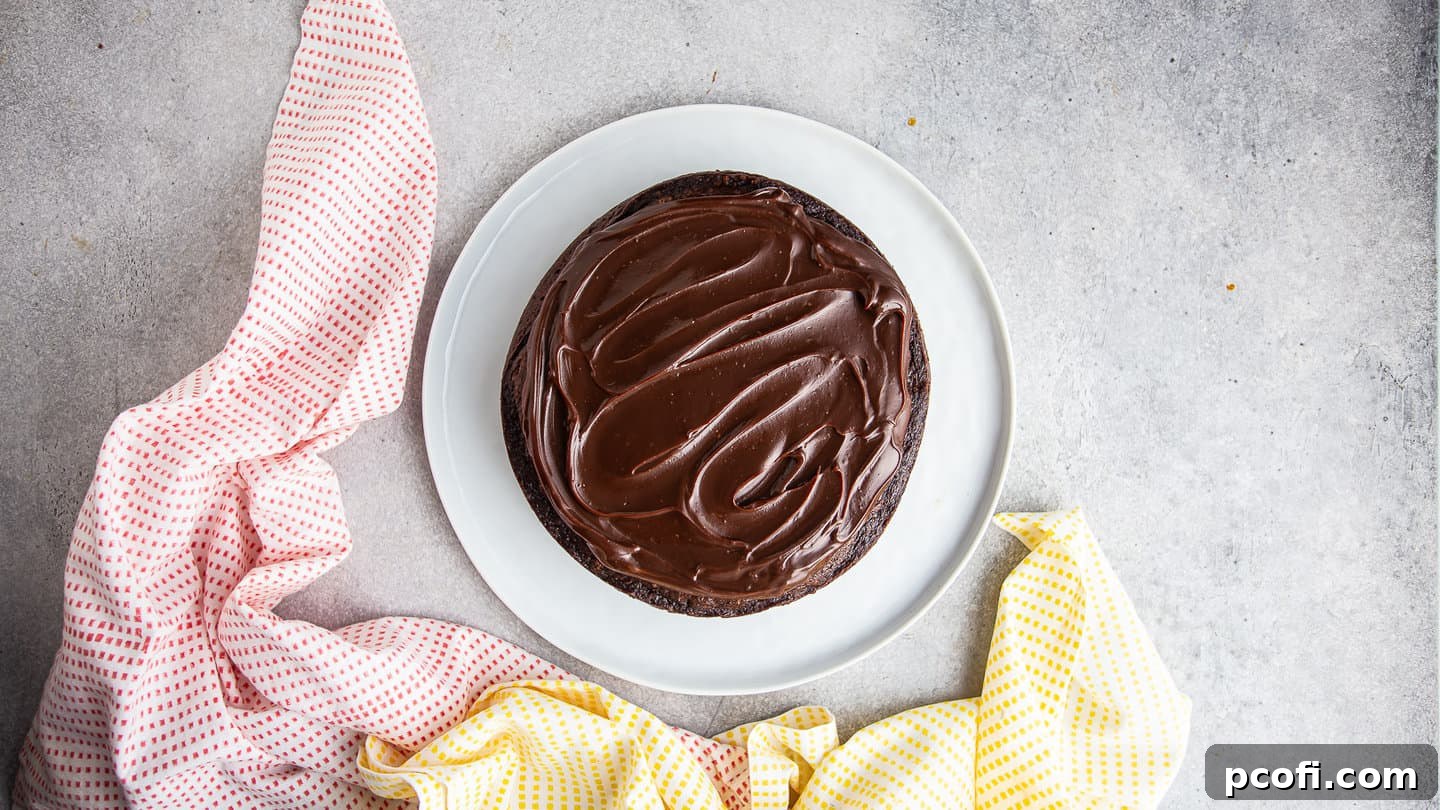 Hot fudge sauce spread in an even layer over chocolate cake.
