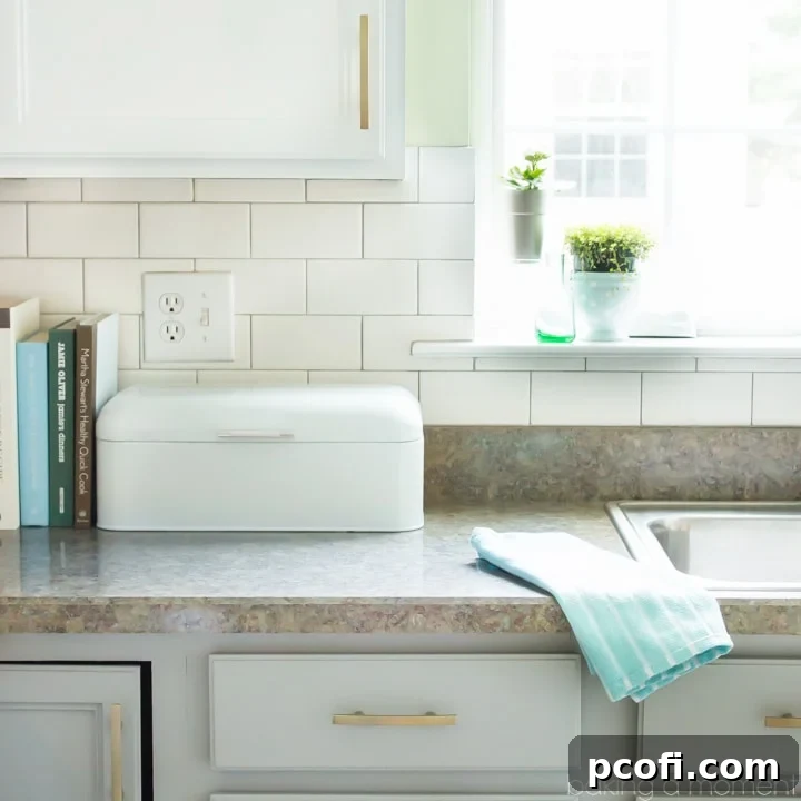 Stunning kitchen transformation with freshly painted white and grey cabinets and brushed brass hardware