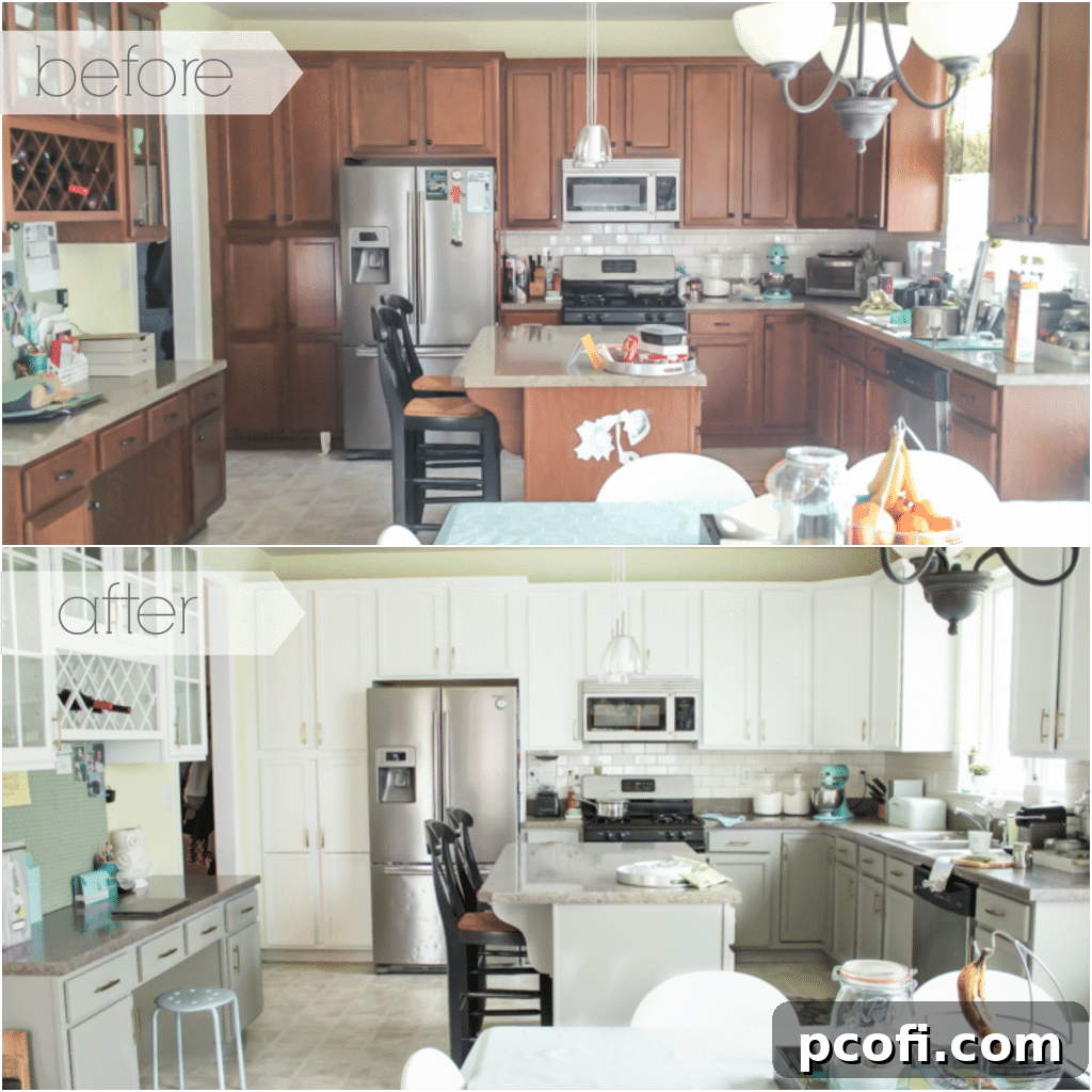 Bright and airy kitchen after cabinet painting, featuring fresh colors and new hardware