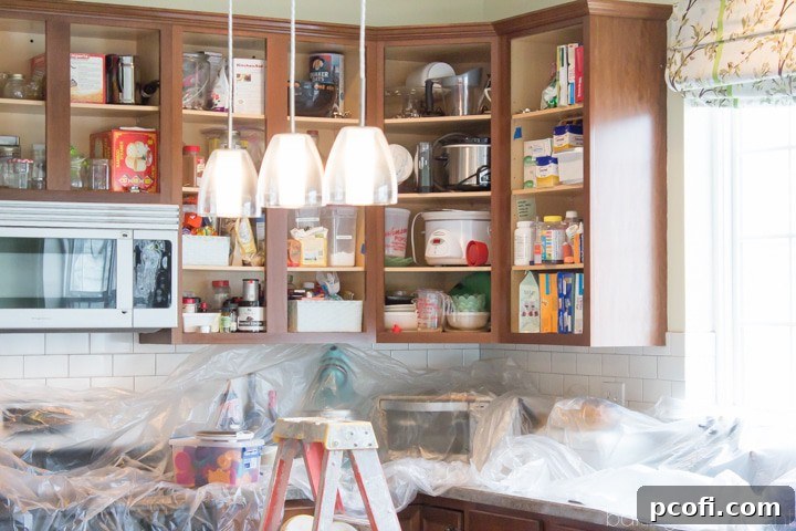 Detail shot of painted kitchen cabinets with new brushed brass pulls