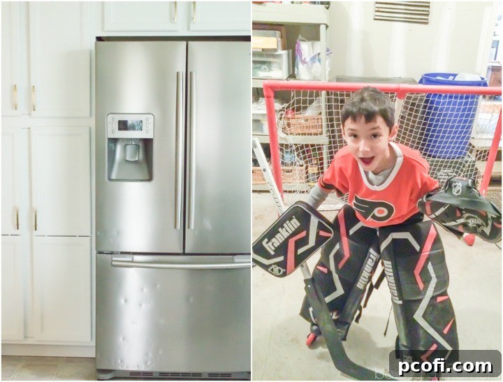 Damaged refrigerator door, used as an example of household wear and tear