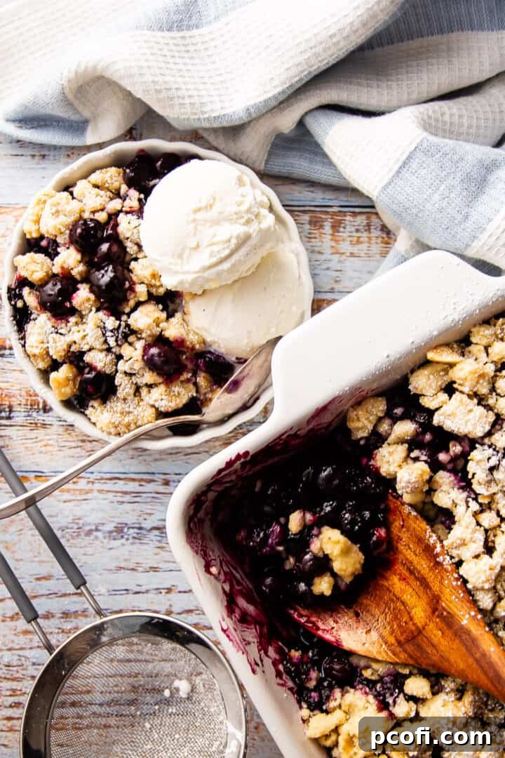 A portion of blueberry crisp served on a white plate next to the baking dish, with a wooden spoon and a sieve dusting powdered sugar.