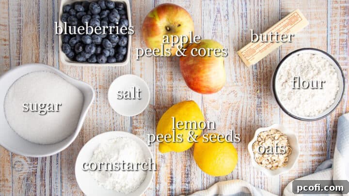 All the necessary ingredients for making blueberry crisp laid out and labeled for easy identification.
