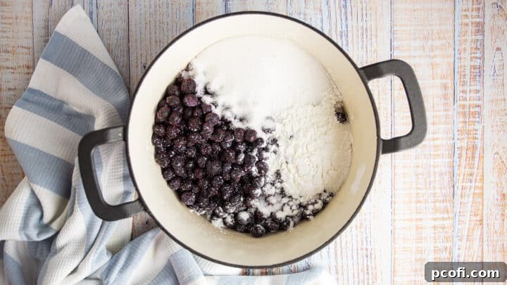 Half of the blueberries, along with sugar, cornstarch, and salt, are combined in a large pot, ready for cooking.