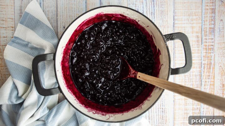 The blueberry crisp filling, now cooked and perfectly thickened, ready for the next step.