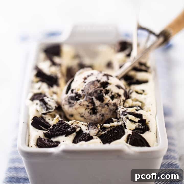 Homemade Oreo ice cream in a white ceramic loaf pan with a vintage ice cream scoop, ready to be served.