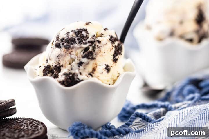 A small white bowl filled with creamy cookie and cream ice cream, garnished with a whole Oreo cookie and served with a black spoon.