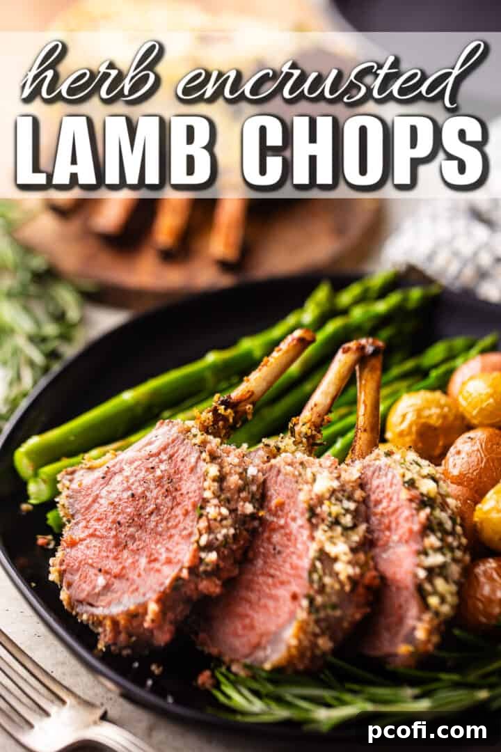 Expertly prepared herb encrusted lamb chops, garnished with fresh herbs, served on a sophisticated dark plate.