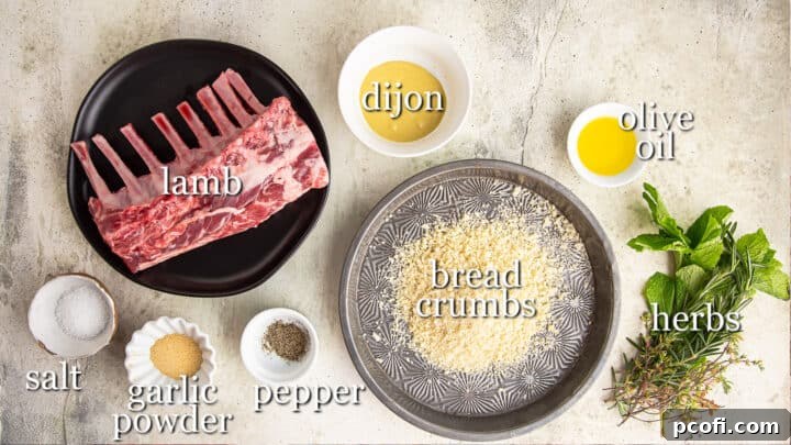 A visual guide to the ingredients for herb encrusted lamb chops, neatly arranged with clear text labels.