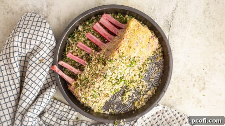 The crucial step of coating lamb chops with the aromatic herbed bread crumb mixture, ensuring a perfect crust.