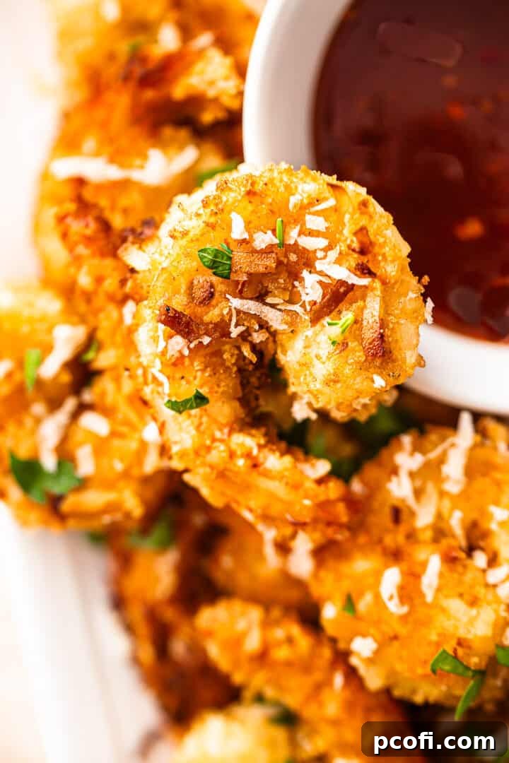 A stunning presentation of cooked coconut shrimp, garnished with fresh parsley and served with a small bowl of sweet chili sauce.