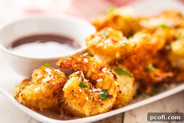 A small white bowl filled with sweet chili sauce, elegantly placed on a platter of golden coconut shrimp, ready for dipping.
