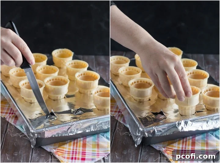 Detailed image showing how to bake ice cream cone cupcakes using a baking pan and foil.
