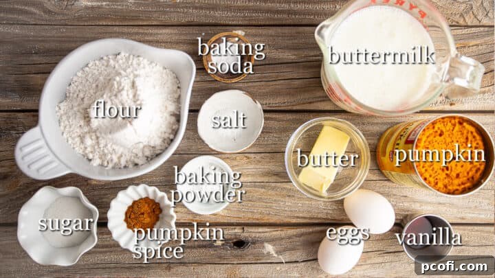 Ingredients for making pumpkin pancakes, with text labels.